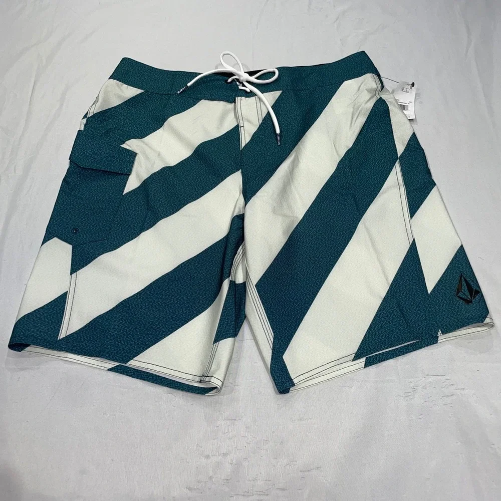 Volcom Mens Teal White Striped Board Shorts Swim Trunks Size 33